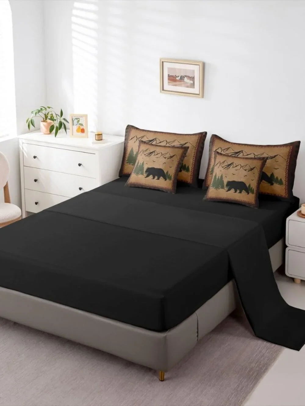 7 Pcs Bear Comforter Set King, Rustic Lodge Theme Bedding Sets for Kids Boys Tee